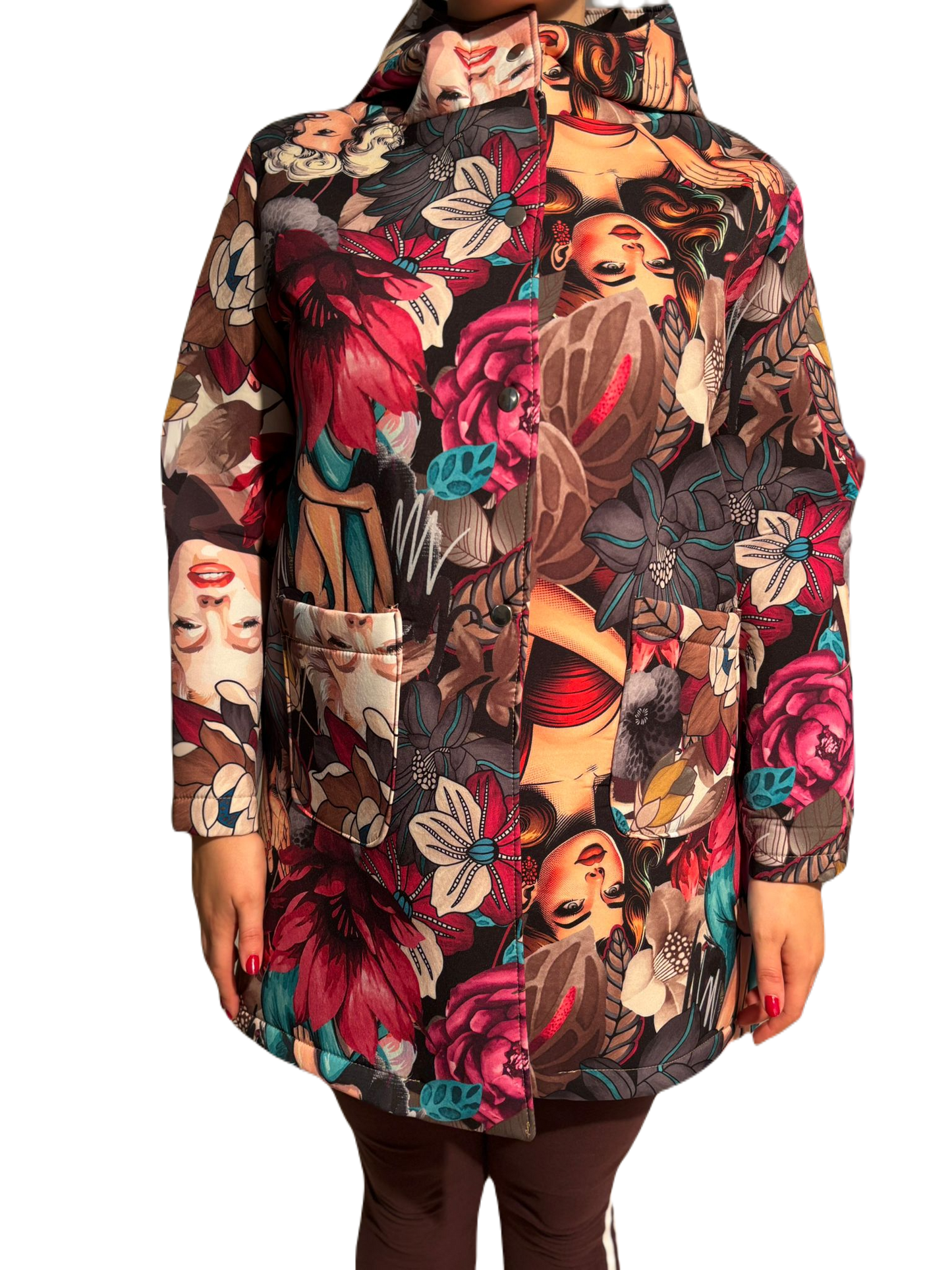 Cappotto trapuntato invernale donna con stampa multicolor