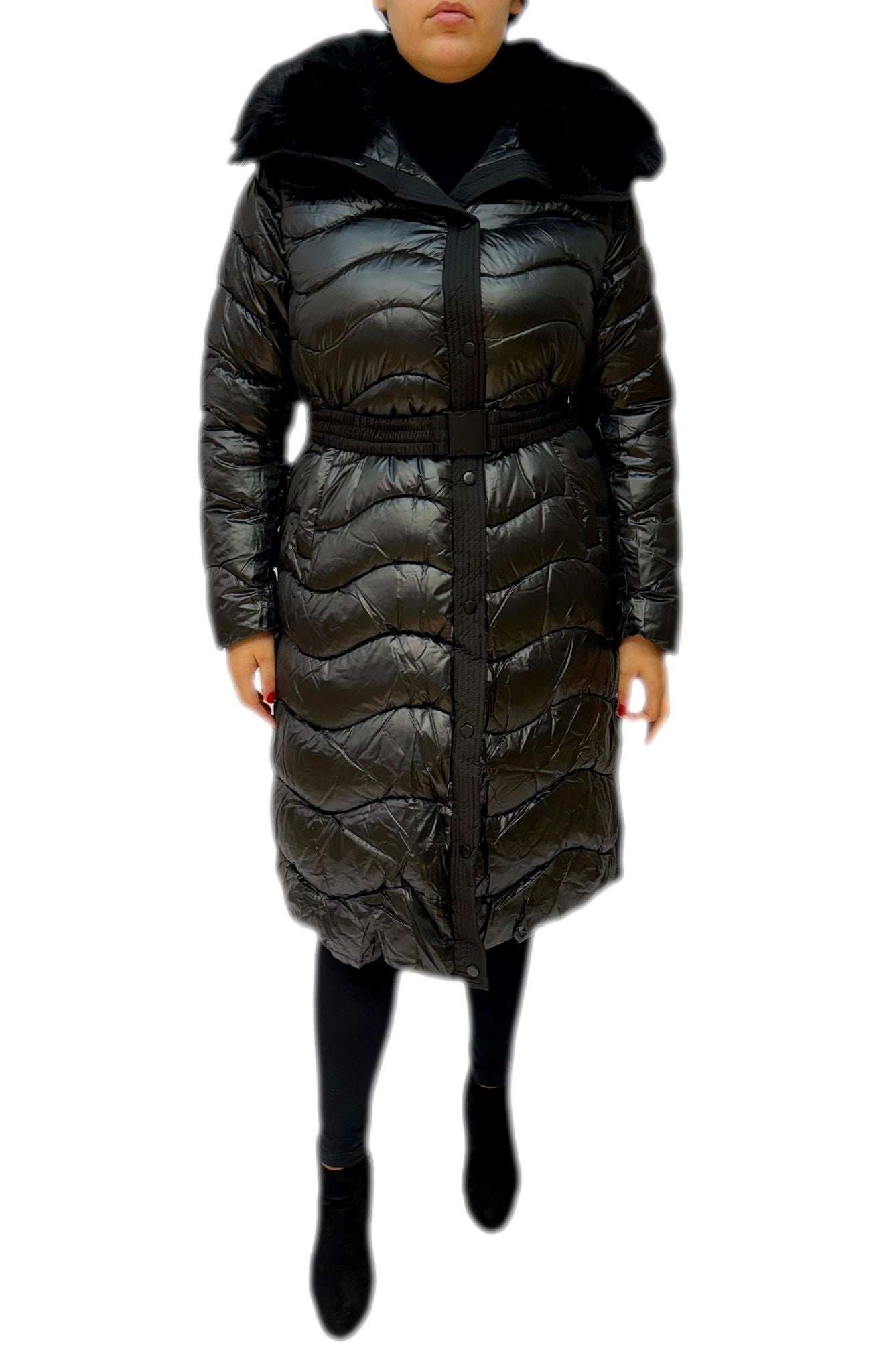 Cappotto donna elegante con cintura e pelliccia sintetica