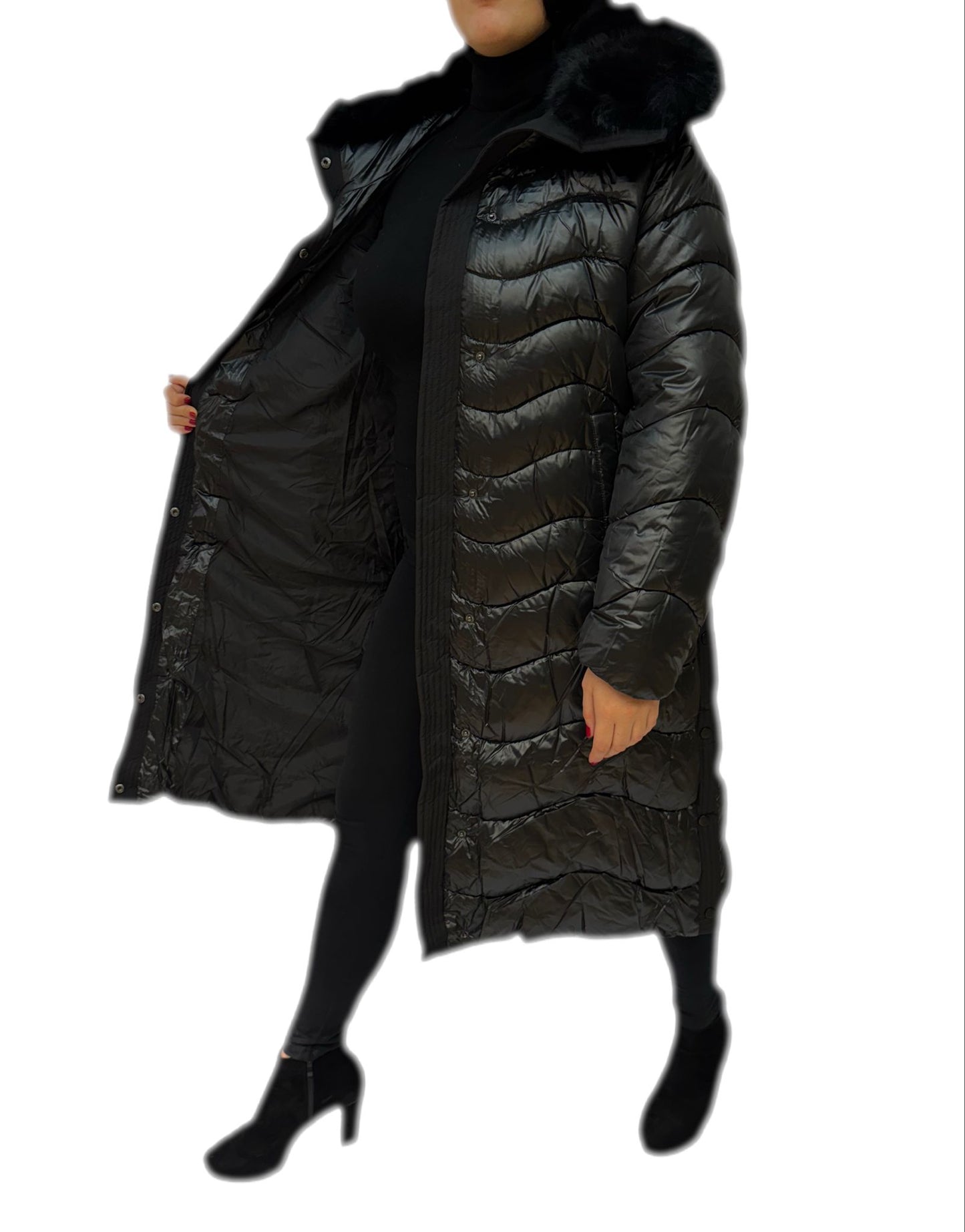 Cappotto donna elegante con cintura e pelliccia sintetica