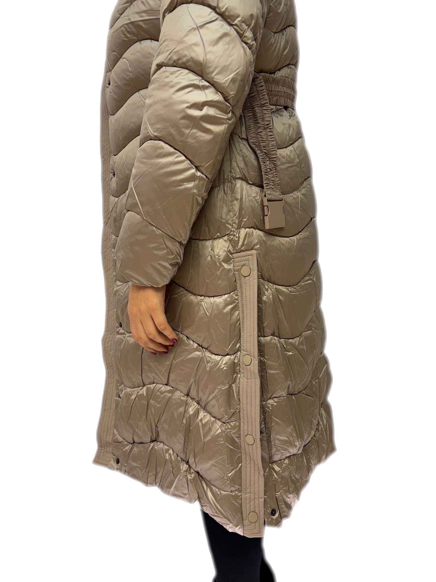 Cappotto donna elegante con cintura e pelliccia sintetica