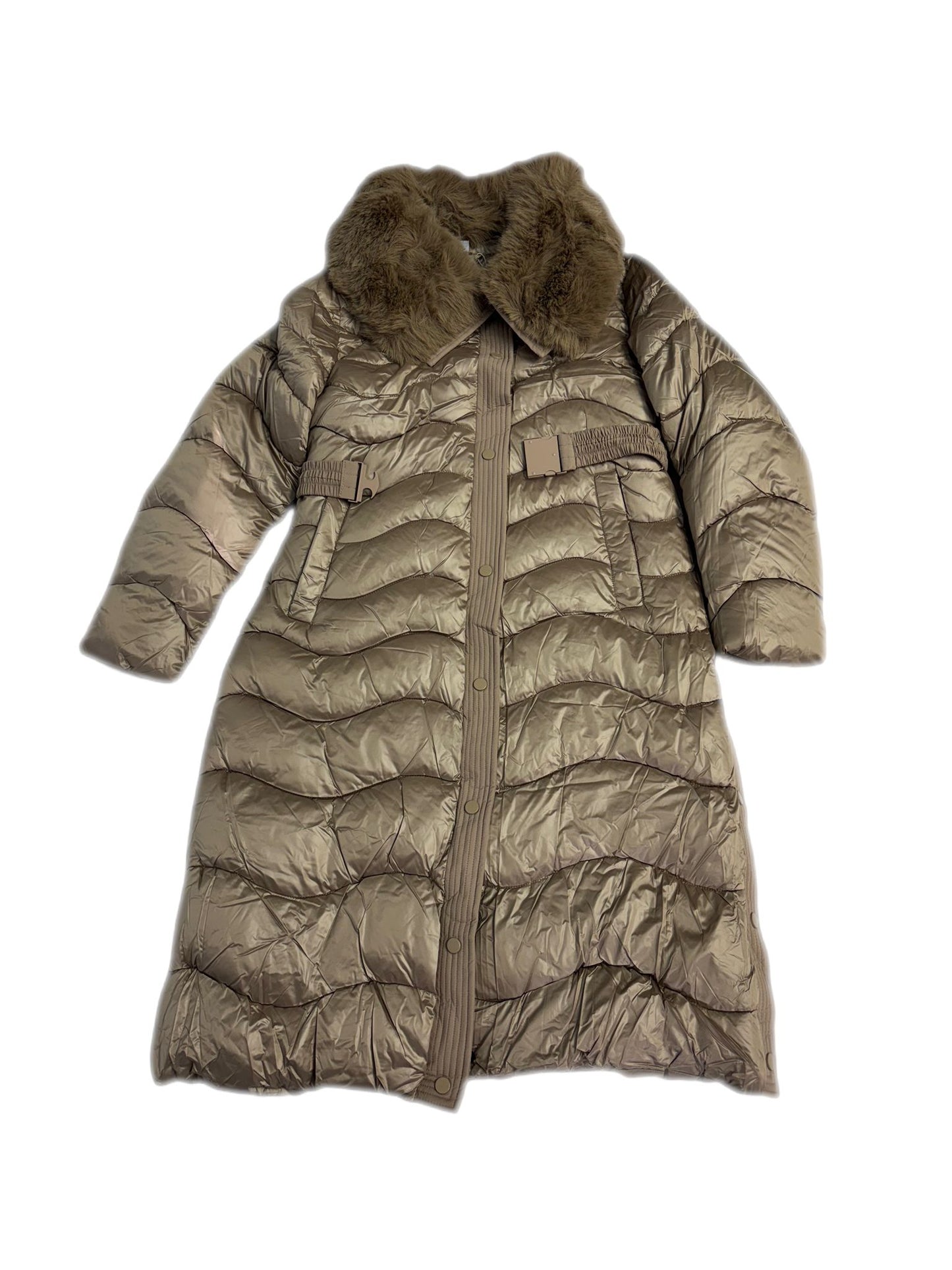 Cappotto donna elegante con cintura e pelliccia sintetica