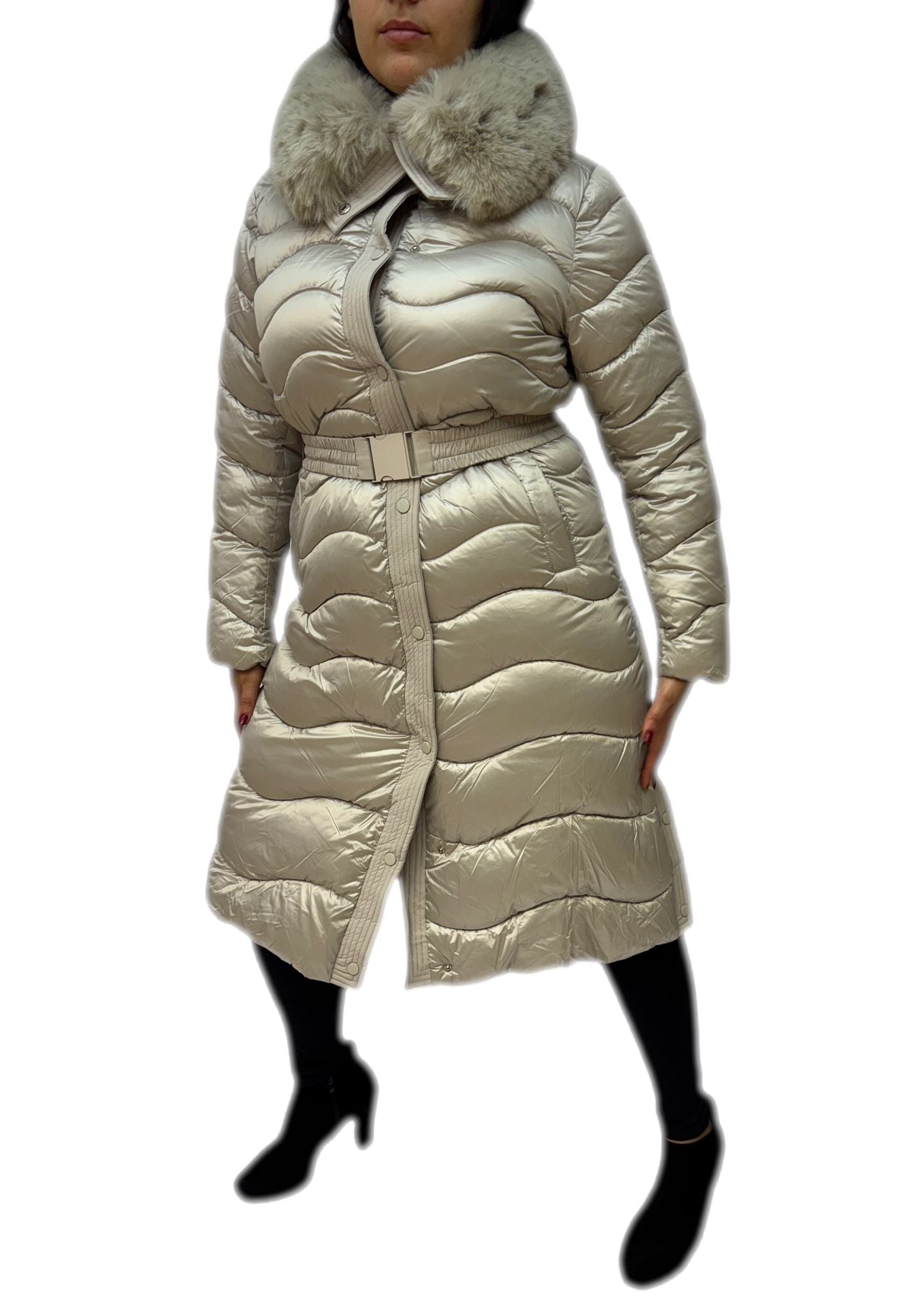 Cappotto donna elegante con cintura e pelliccia sintetica