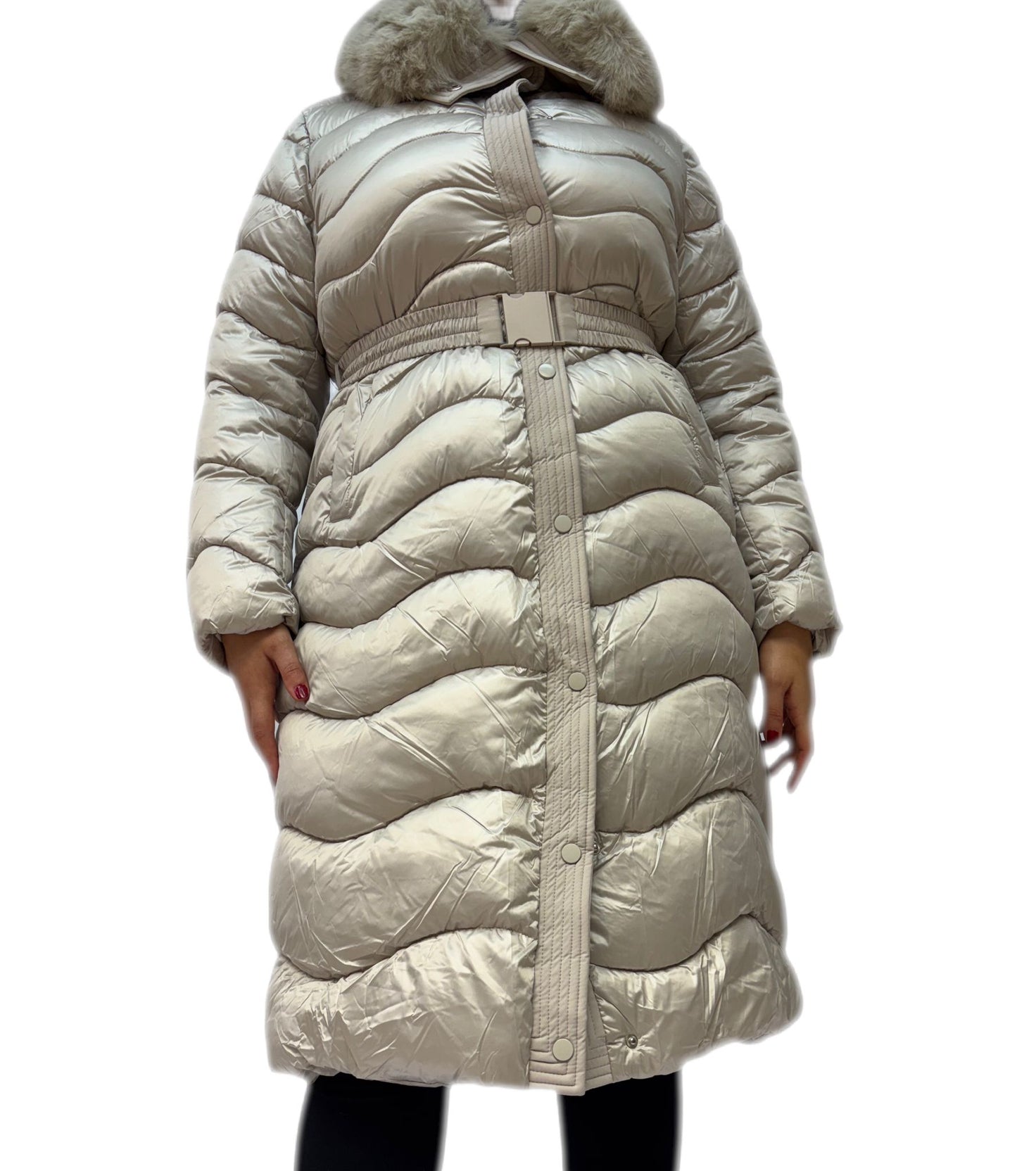 Cappotto donna elegante con cintura e pelliccia sintetica