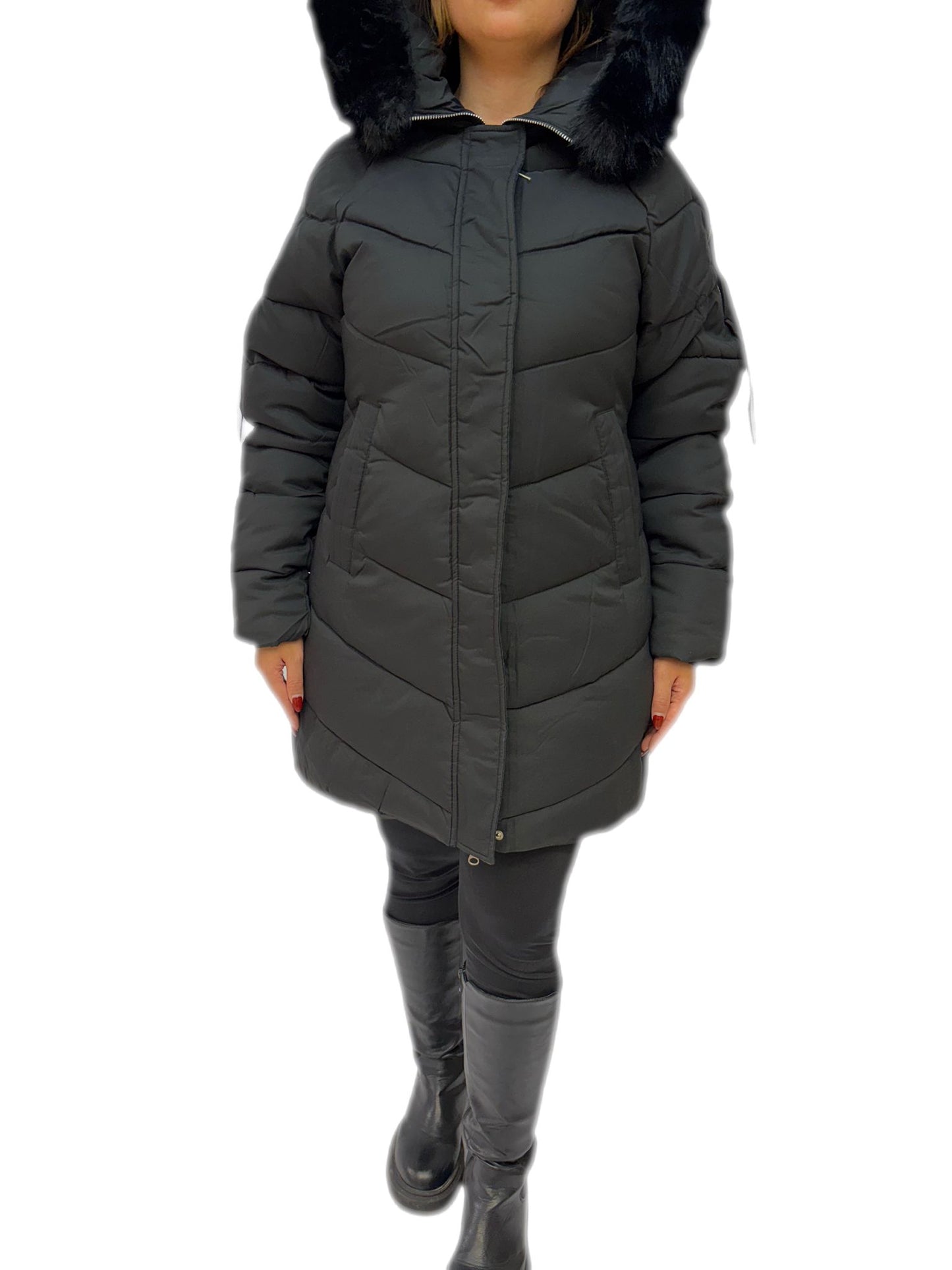 Cappotto lungo invernale con cappuccio con pelliccia sintetica