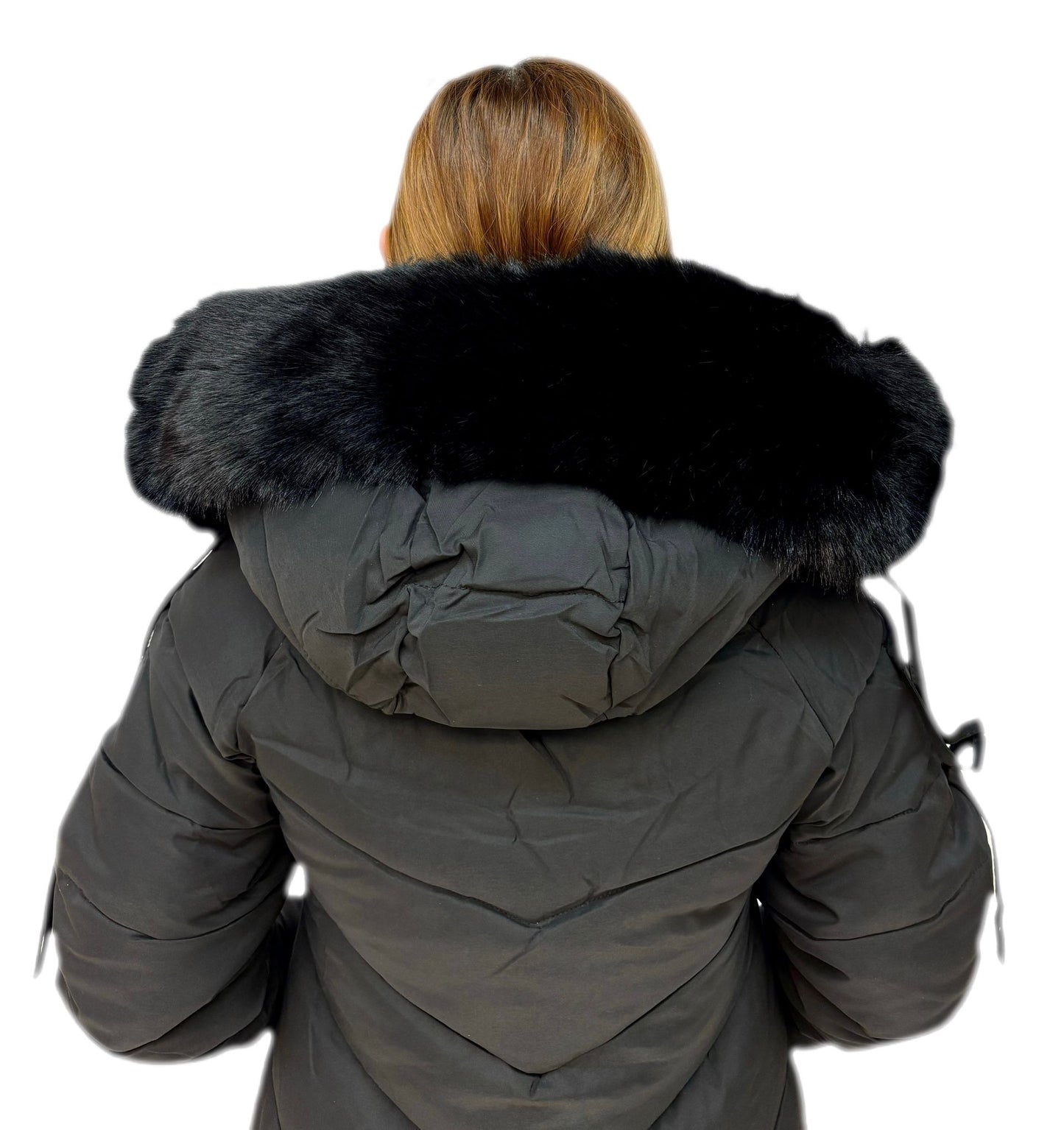 Cappotto lungo invernale con cappuccio con pelliccia sintetica