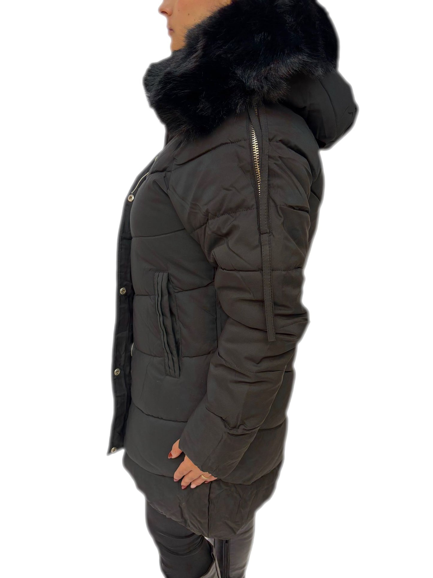 Cappotto lungo invernale con cappuccio con pelliccia sintetica