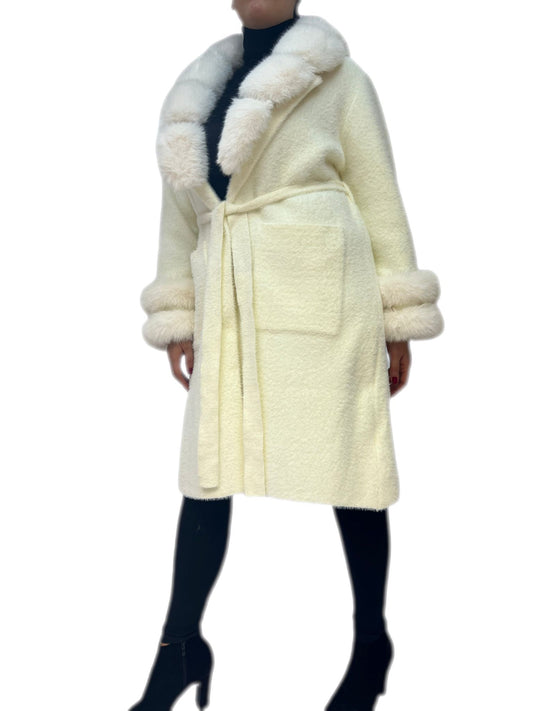 Cappotto donna elegante invernale caldo con lana e rifiniture in pelliccia sintetica
