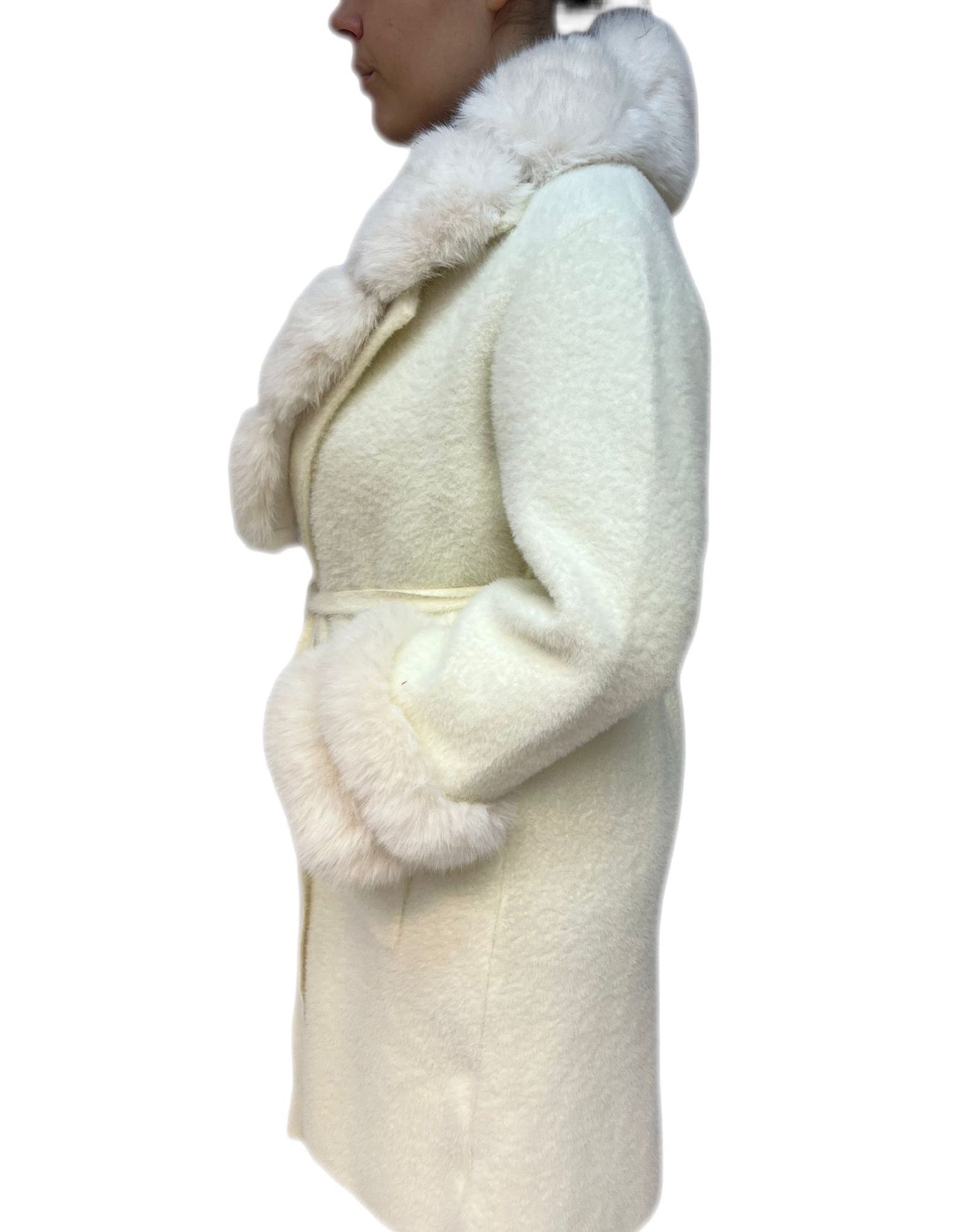 Cappotto donna elegante invernale caldo con lana e rifiniture in pelliccia sintetica