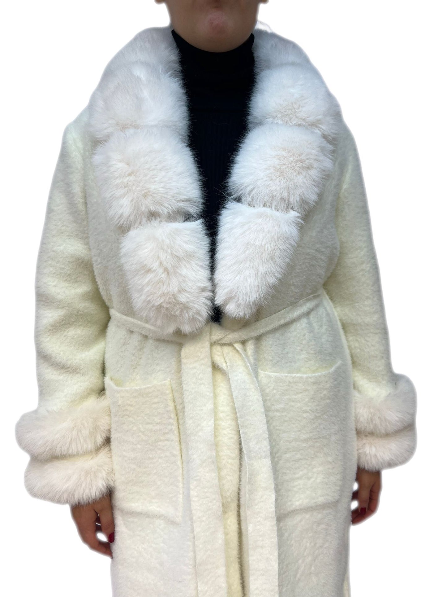Cappotto donna elegante invernale caldo con lana e rifiniture in pelliccia sintetica