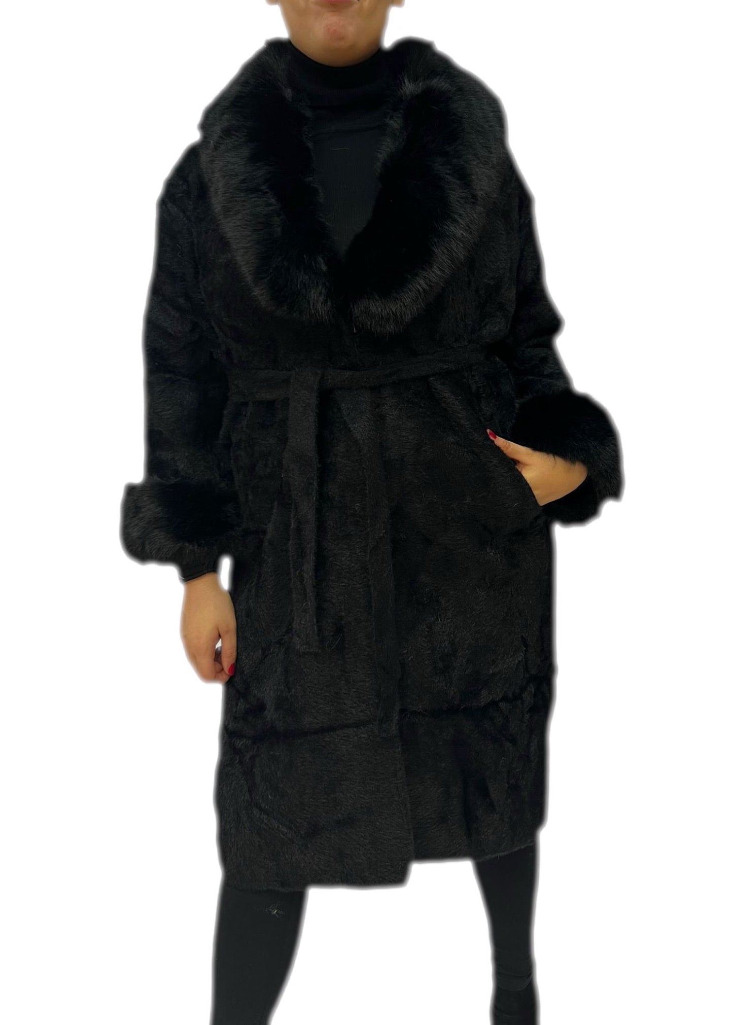 Cappotto donna elegante invernale caldo con lana e rifiniture in pelliccia sintetica