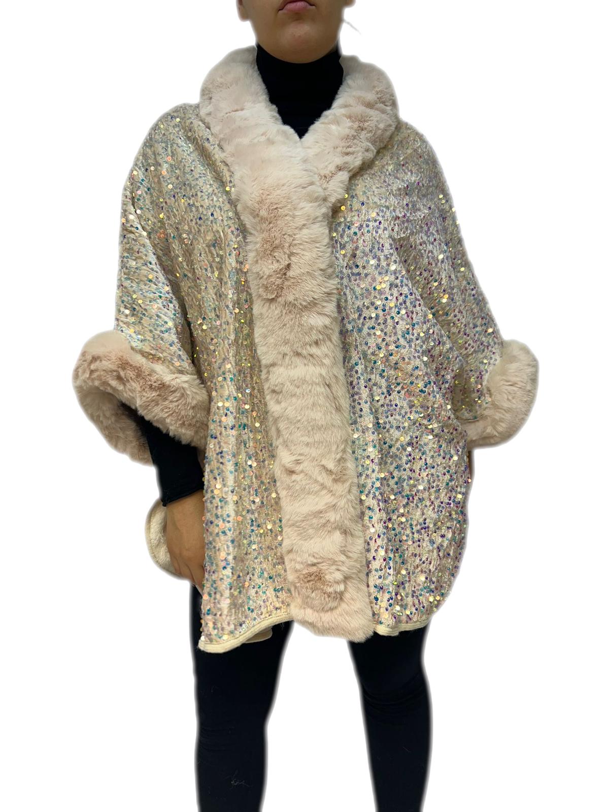 Cappotto mantoux giaccone tessuto a maglia con paillettes rifinito con pelliccia sintetica