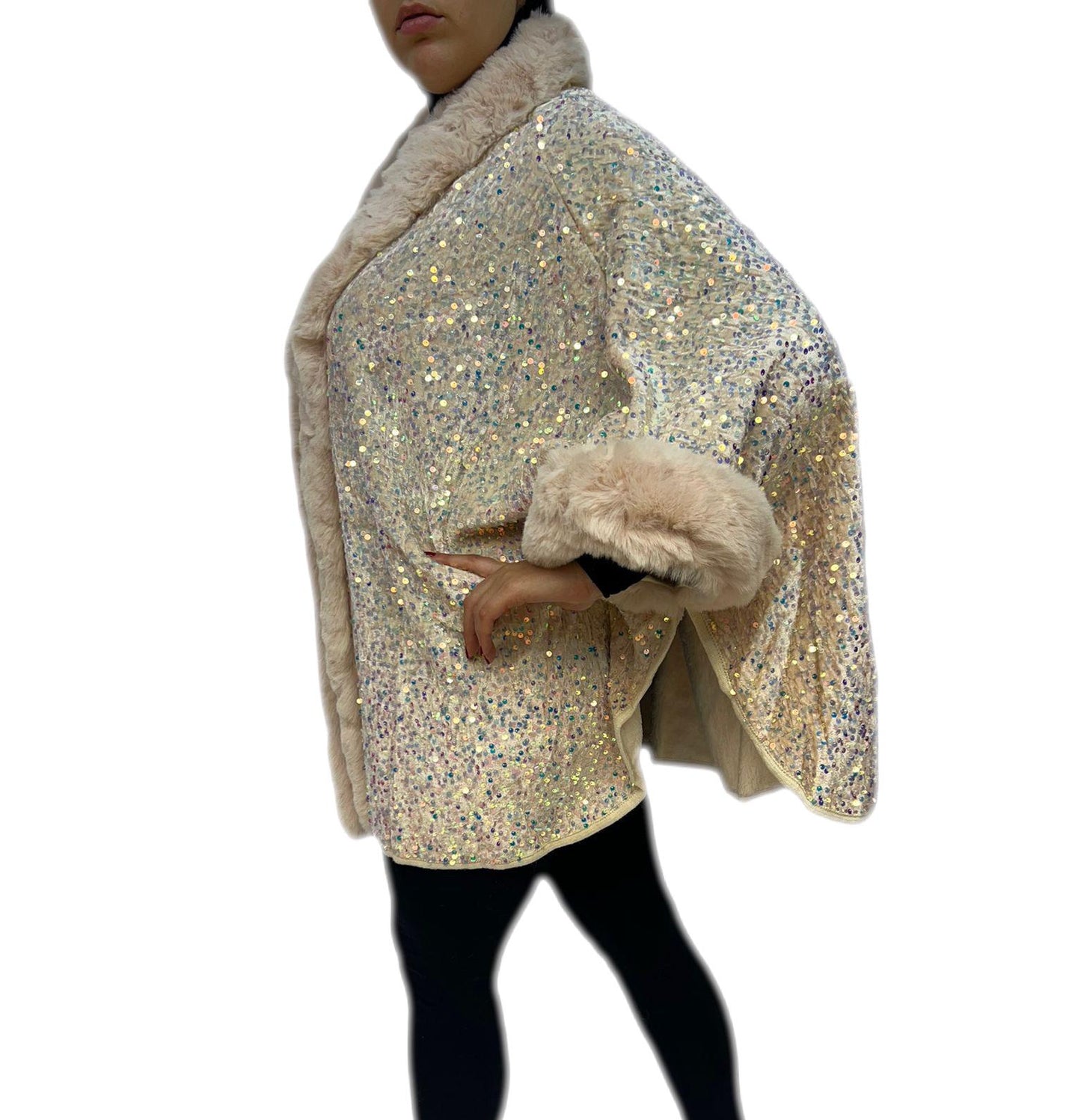 Cappotto mantoux giaccone tessuto a maglia con paillettes rifinito con pelliccia sintetica