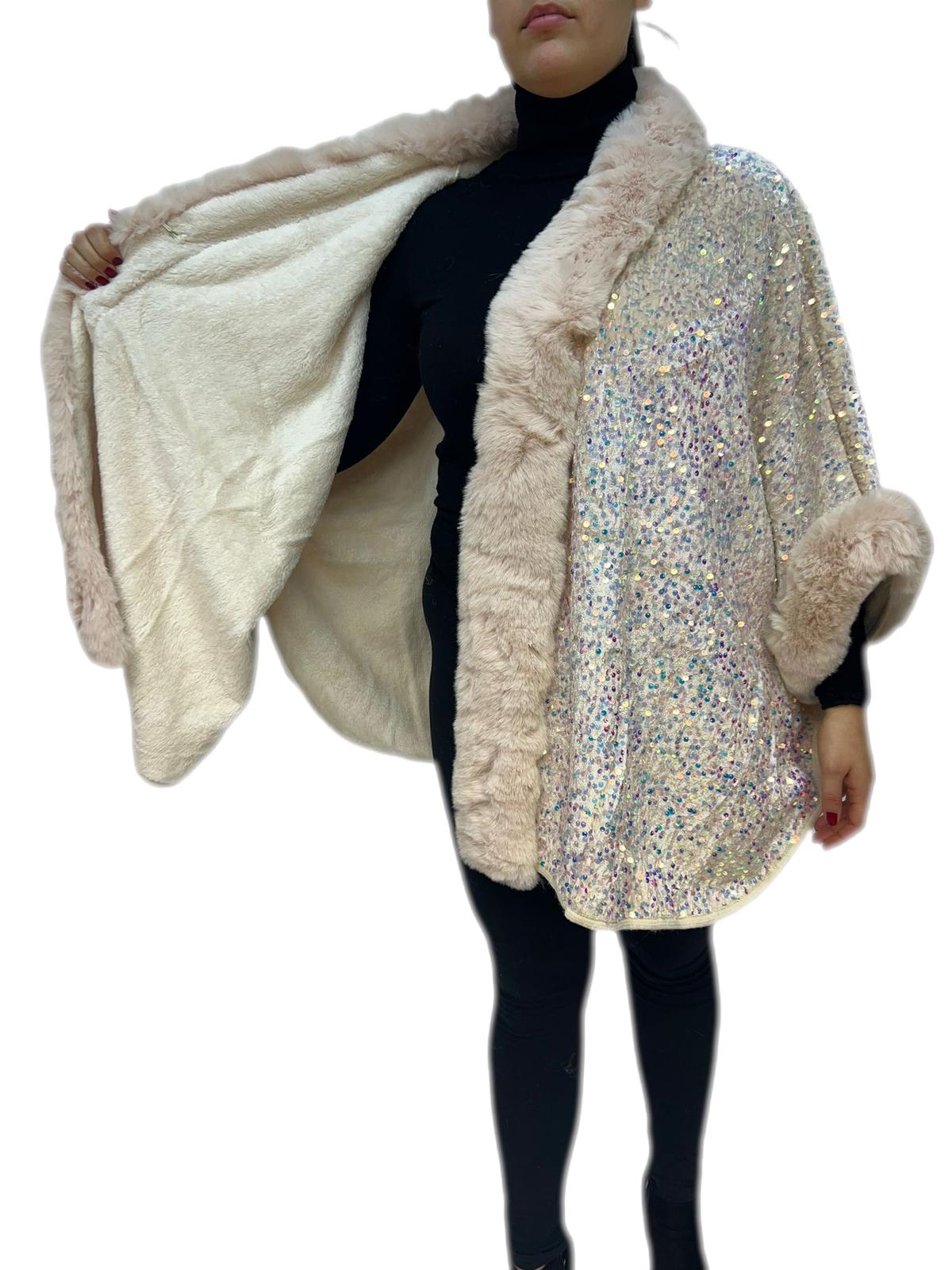 Cappotto mantoux giaccone tessuto a maglia con paillettes rifinito con pelliccia sintetica