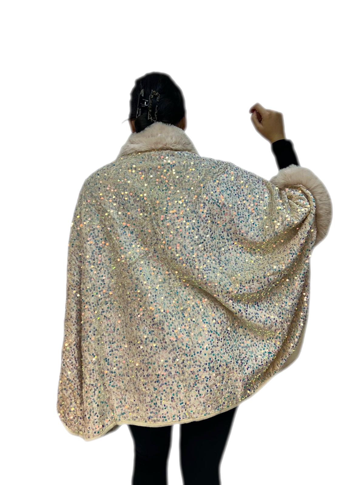 Cappotto mantoux giaccone tessuto a maglia con paillettes rifinito con pelliccia sintetica