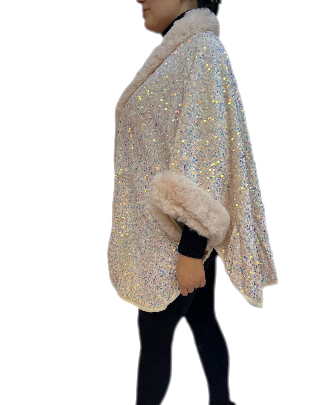 Cappotto mantoux giaccone tessuto a maglia con paillettes rifinito con pelliccia sintetica