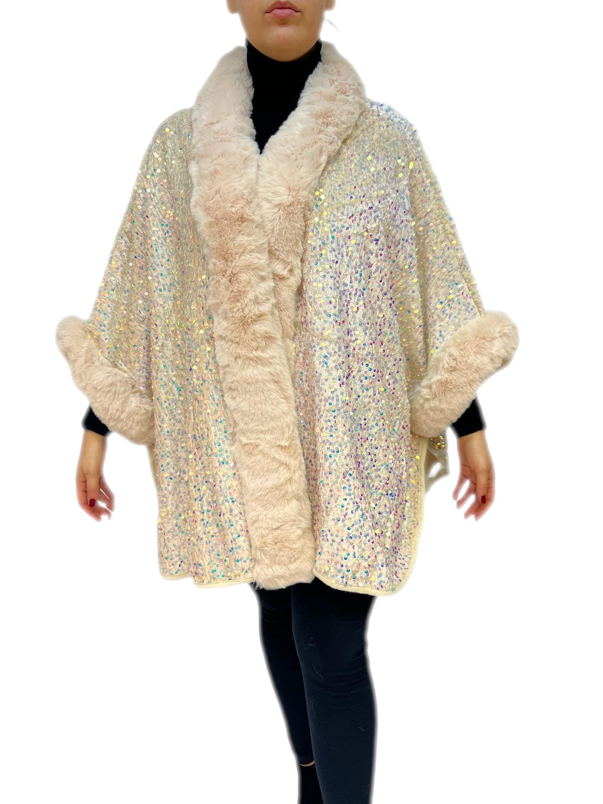 Cappotto mantoux giaccone tessuto a maglia con paillettes rifinito con pelliccia sintetica