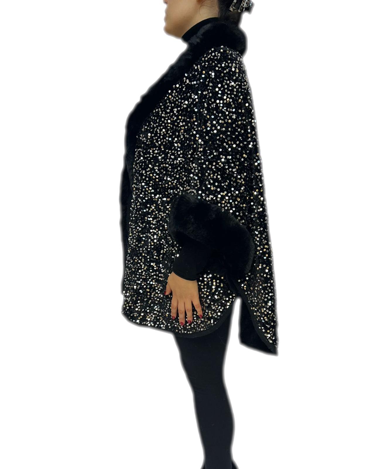 Cappotto mantoux giaccone tessuto a maglia con paillettes rifinito con pelliccia sintetica