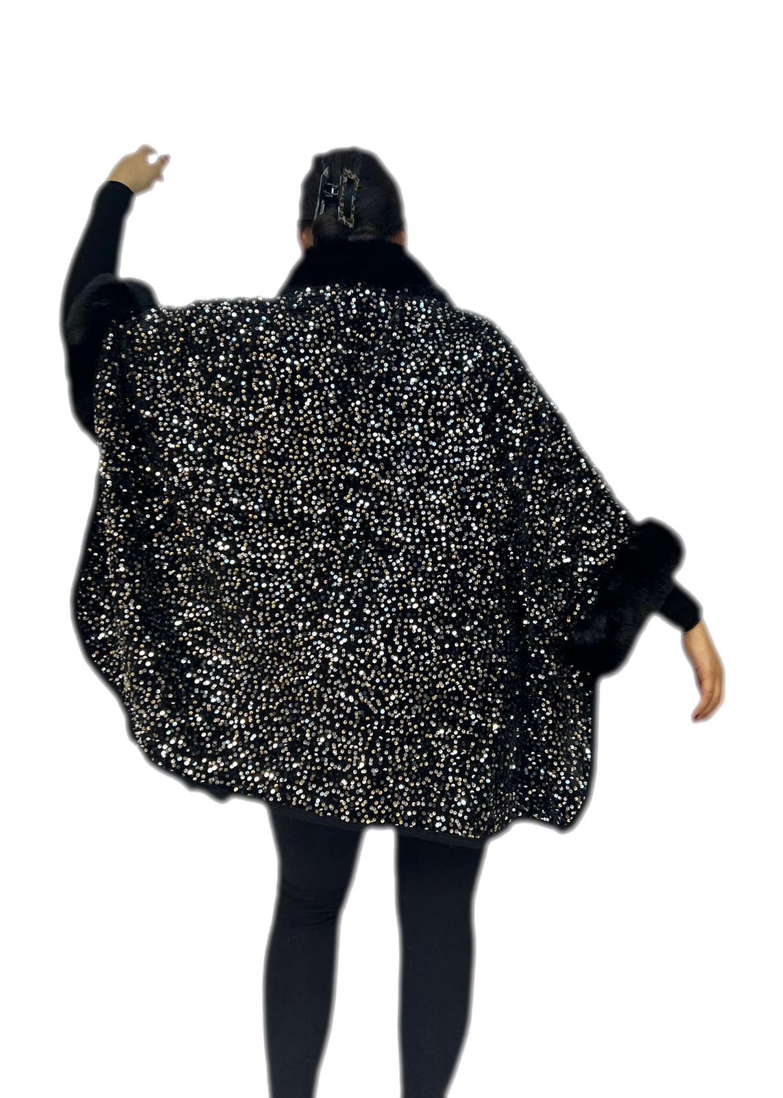Cappotto mantoux giaccone tessuto a maglia con paillettes rifinito con pelliccia sintetica