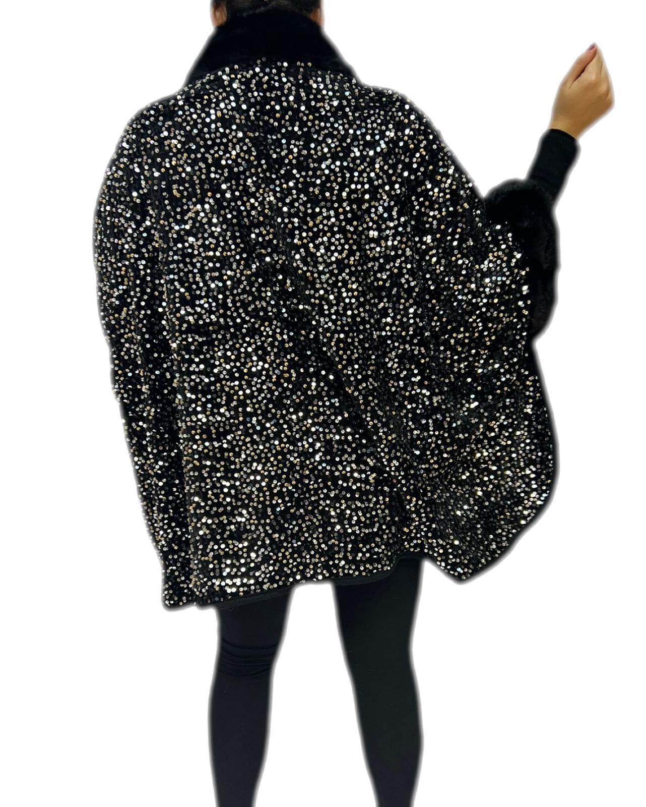 Cappotto mantoux giaccone tessuto a maglia con paillettes rifinito con pelliccia sintetica