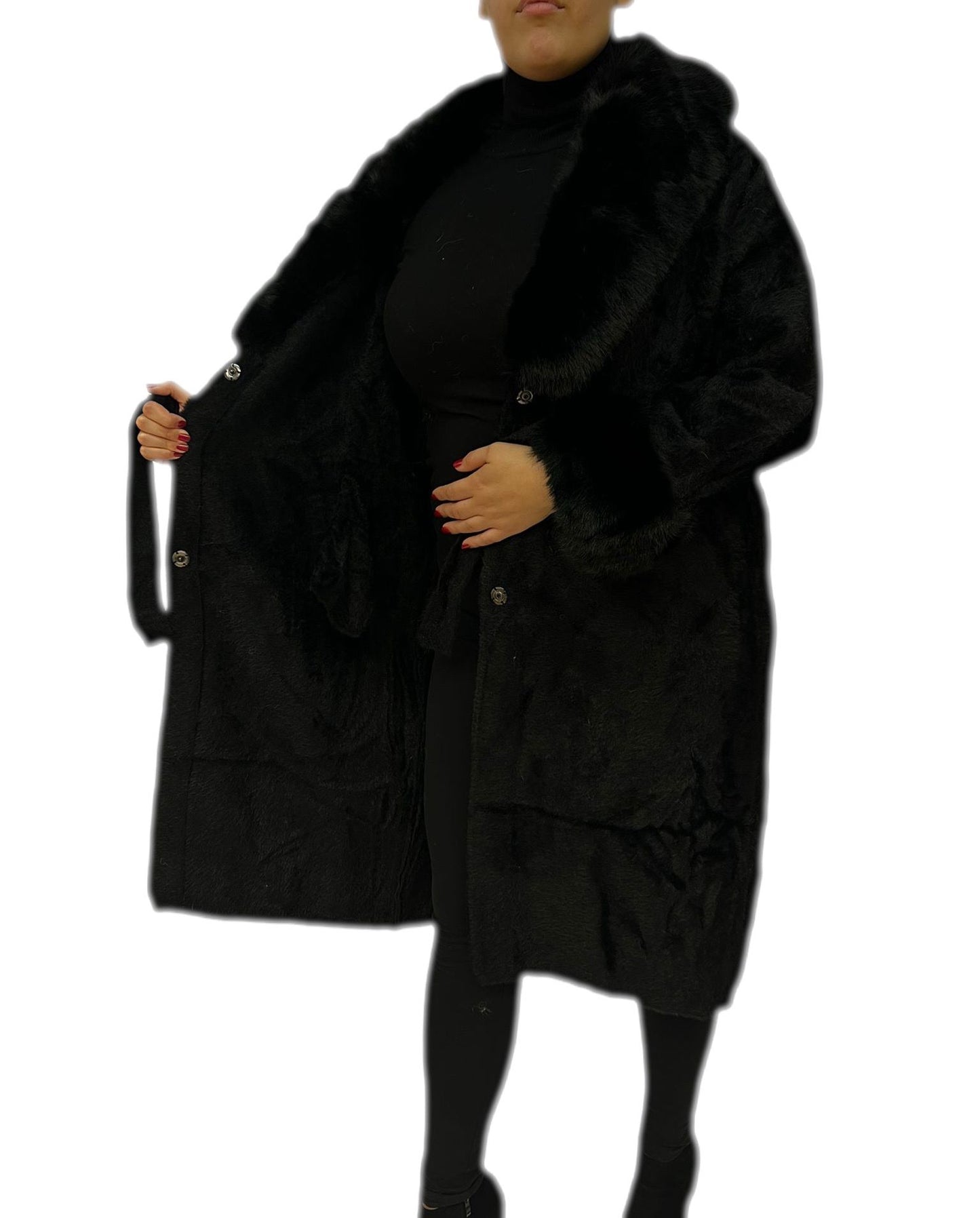 Cappotto donna elegante invernale caldo con lana e rifiniture in pelliccia sintetica