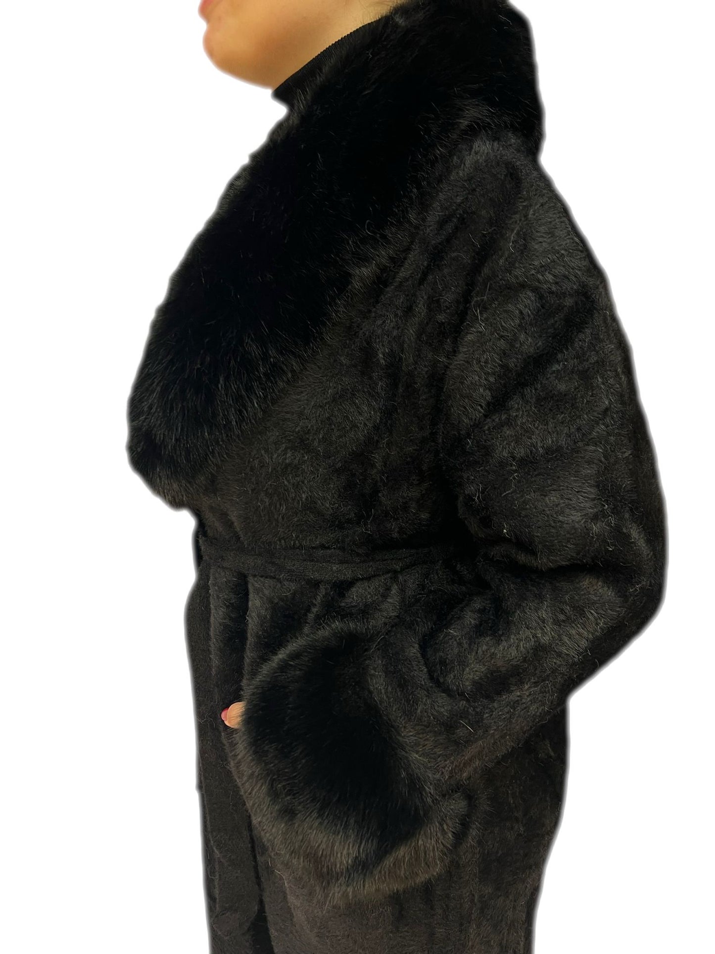 Cappotto donna elegante invernale caldo con lana e rifiniture in pelliccia sintetica