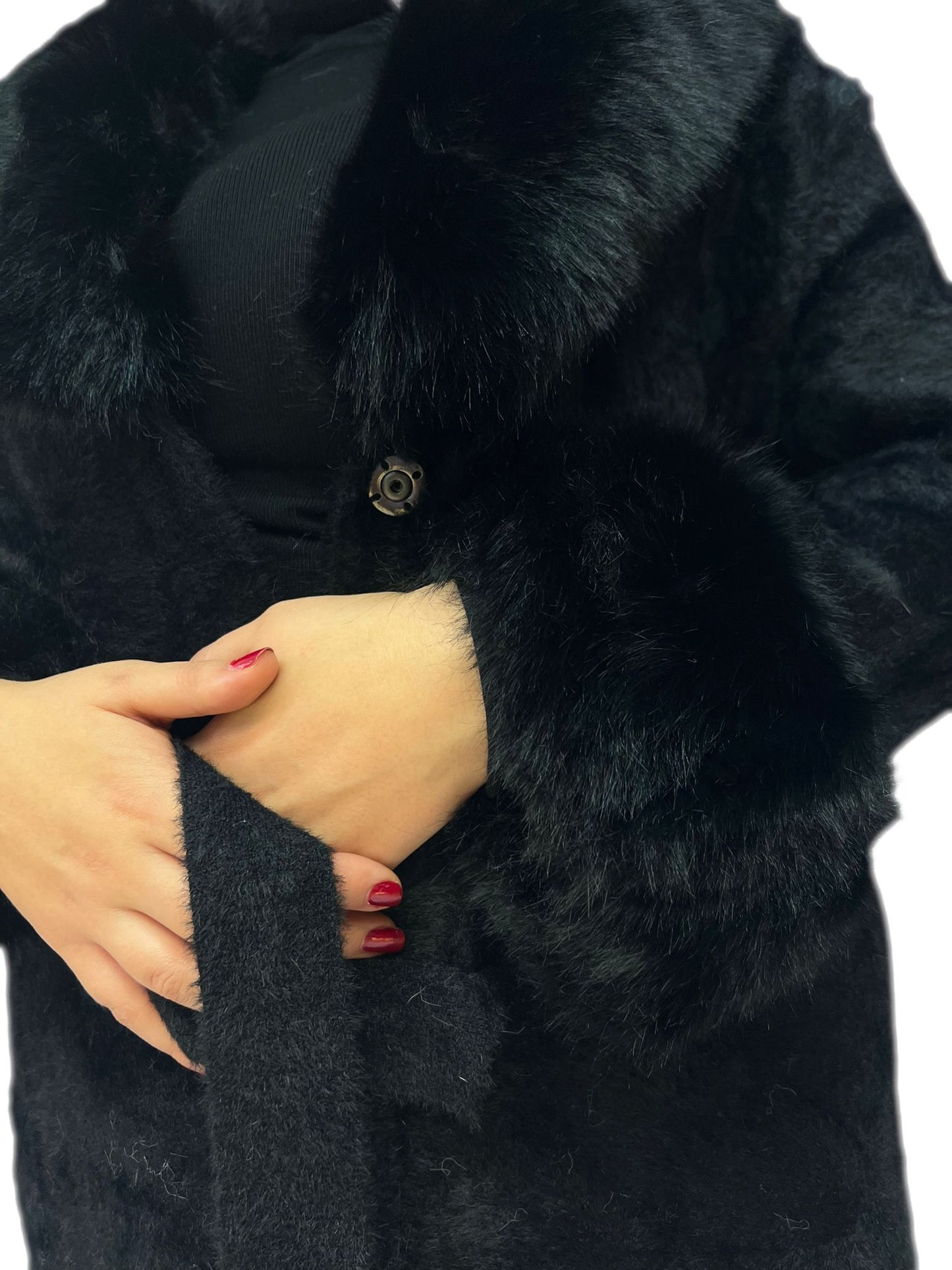 Cappotto donna elegante invernale caldo con lana e rifiniture in pelliccia sintetica