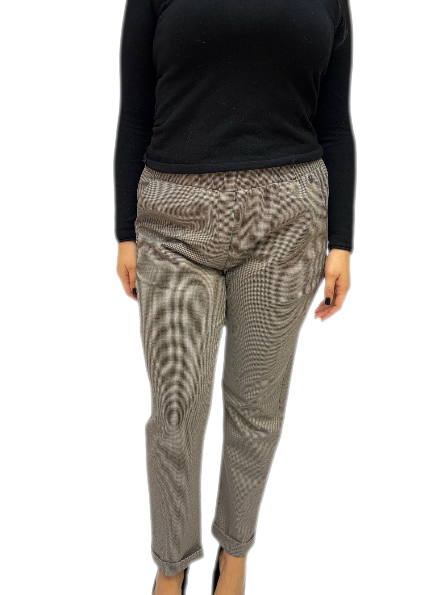 Pantaloni Donna Tagli Grandi Elasticizzato a Micro Pied de Poule e Lurex, buona vestibilità Curvy
