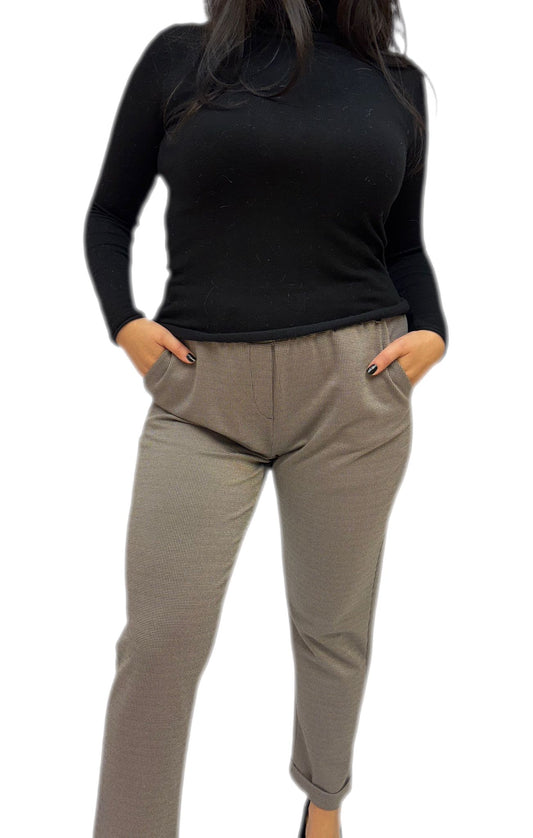 Pantaloni Donna Tagli Grandi Elasticizzato a Micro Pied de Poule e Lurex, buona vestibilità Curvy