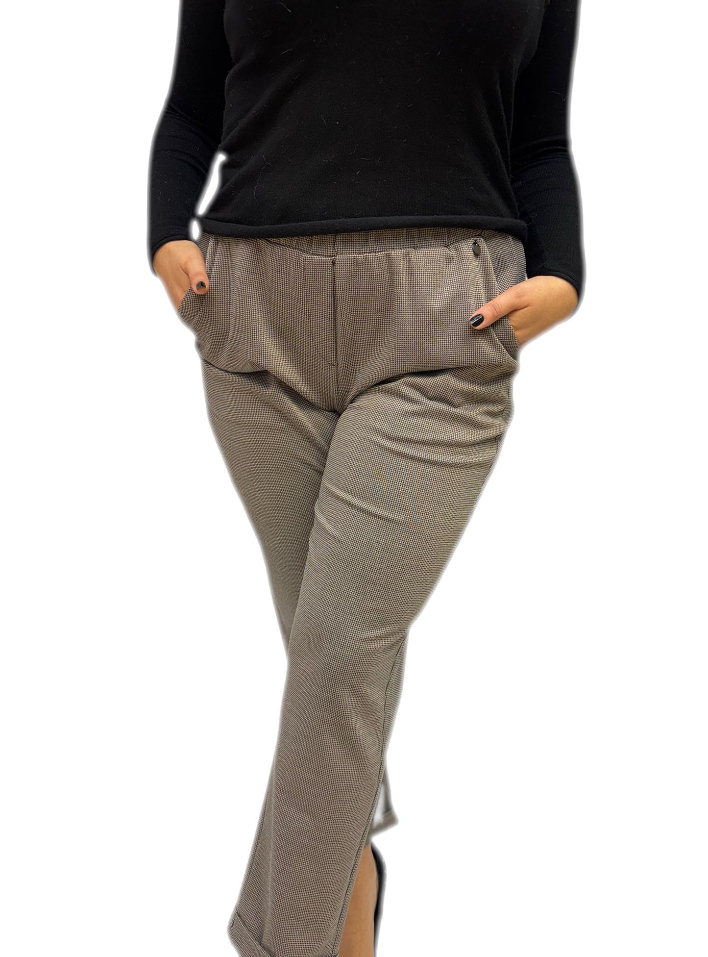 Pantaloni Donna Tagli Grandi Elasticizzato a Micro Pied de Poule e Lurex, buona vestibilità Curvy