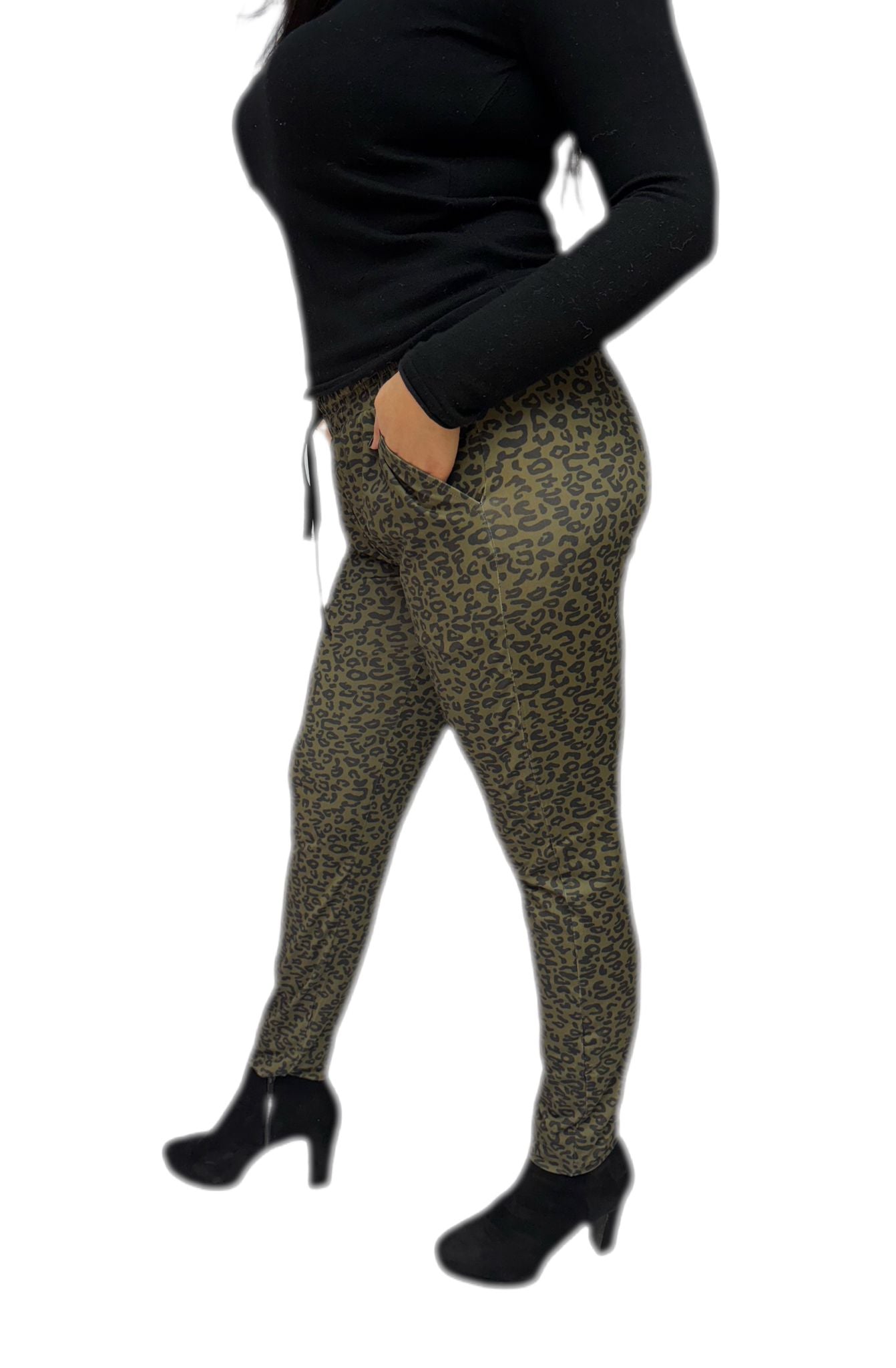 Pantaloni Donna in Tessuto a Maglia Elasticizzato Curvy con Stampa Animalier Leopardato Due Tasche Laterali, Elastico in Vita