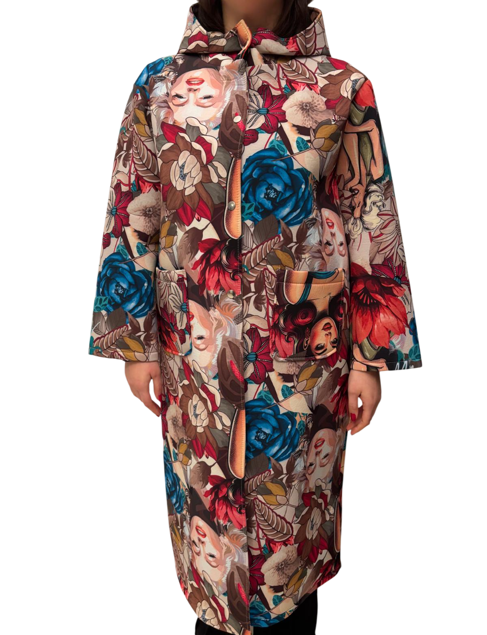 Cappotto lungo con cappuccio donna con stampa multicolor blu