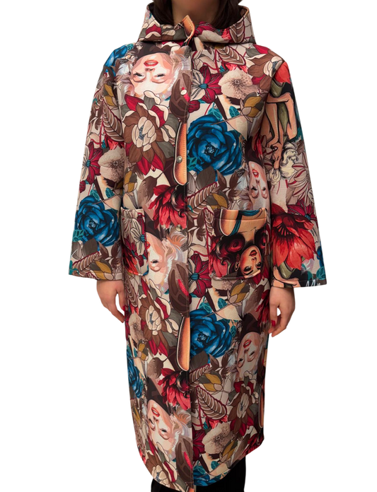 Cappotto lungo con cappuccio donna con stampa multicolor blu