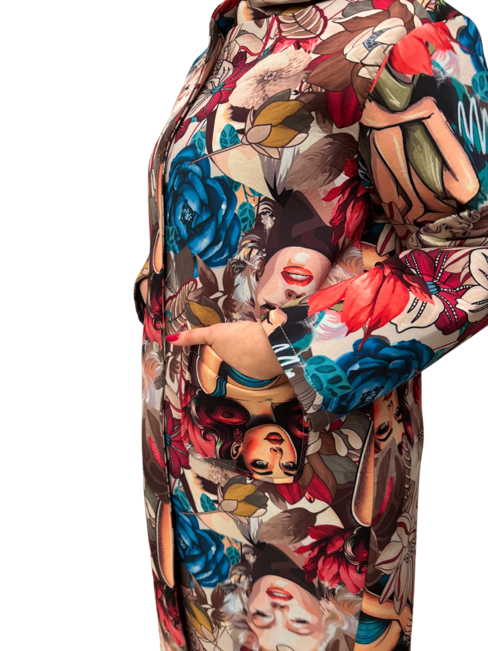 Cappotto lungo con cappuccio donna con stampa multicolor blu