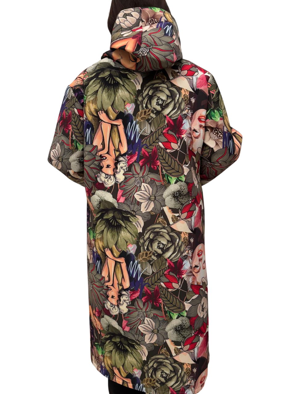 Cappotto lungo con cappuccio donna con stampa multicolor blu