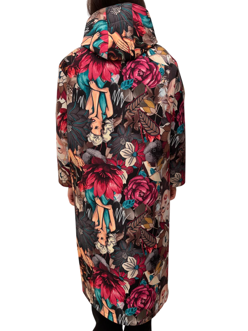 Cappotto lungo con cappuccio donna con stampa multicolor blu