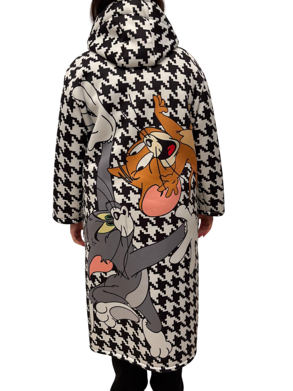 Cappotto lungo con cappuccio donna con stampa multicolor blu