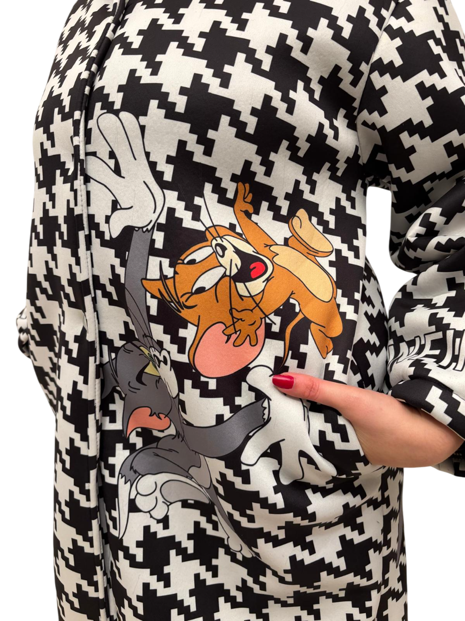 Cappotto lungo con cappuccio donna con stampa multicolor blu