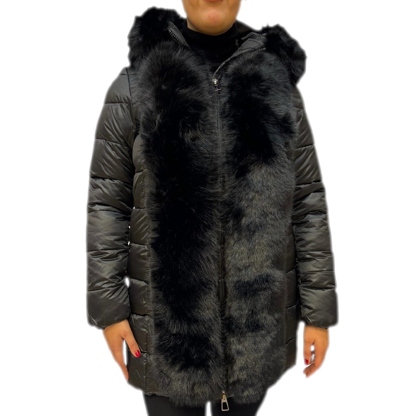 Cappotto trapuntato con pelliccia sintetica e zip