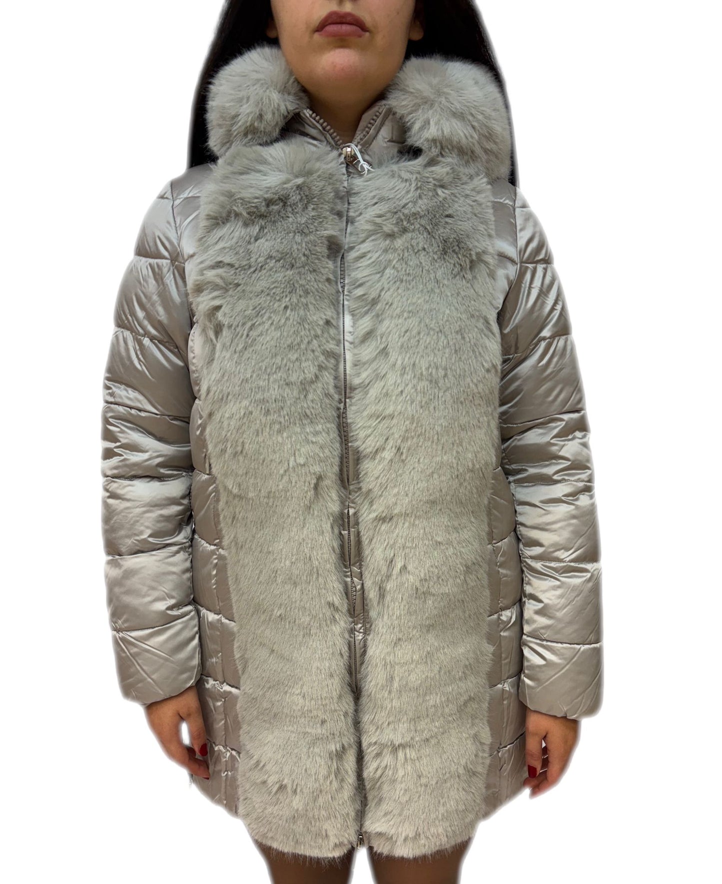 Cappotto trapuntato con pelliccia sintetica e zip