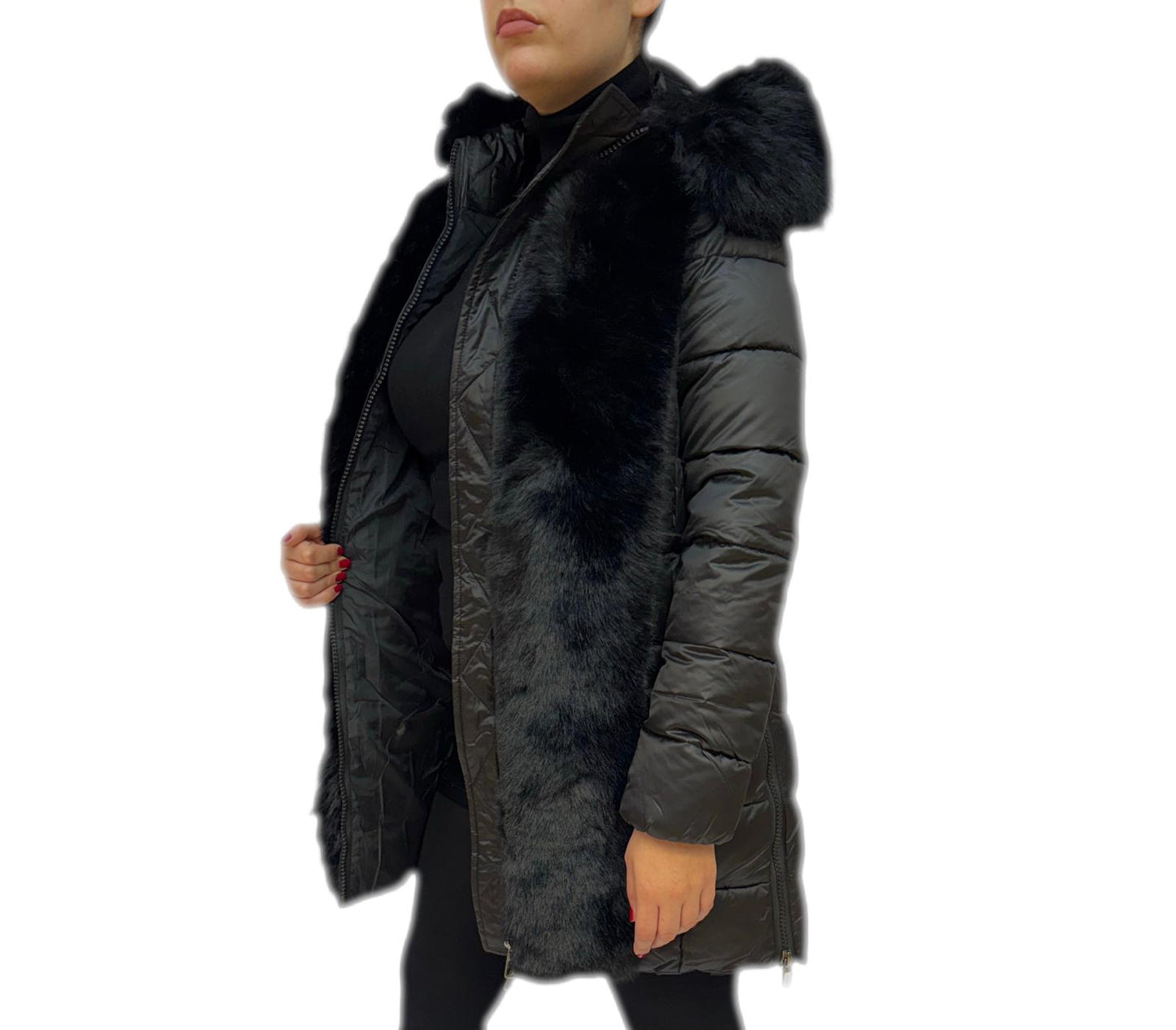 Cappotto trapuntato con pelliccia sintetica e zip
