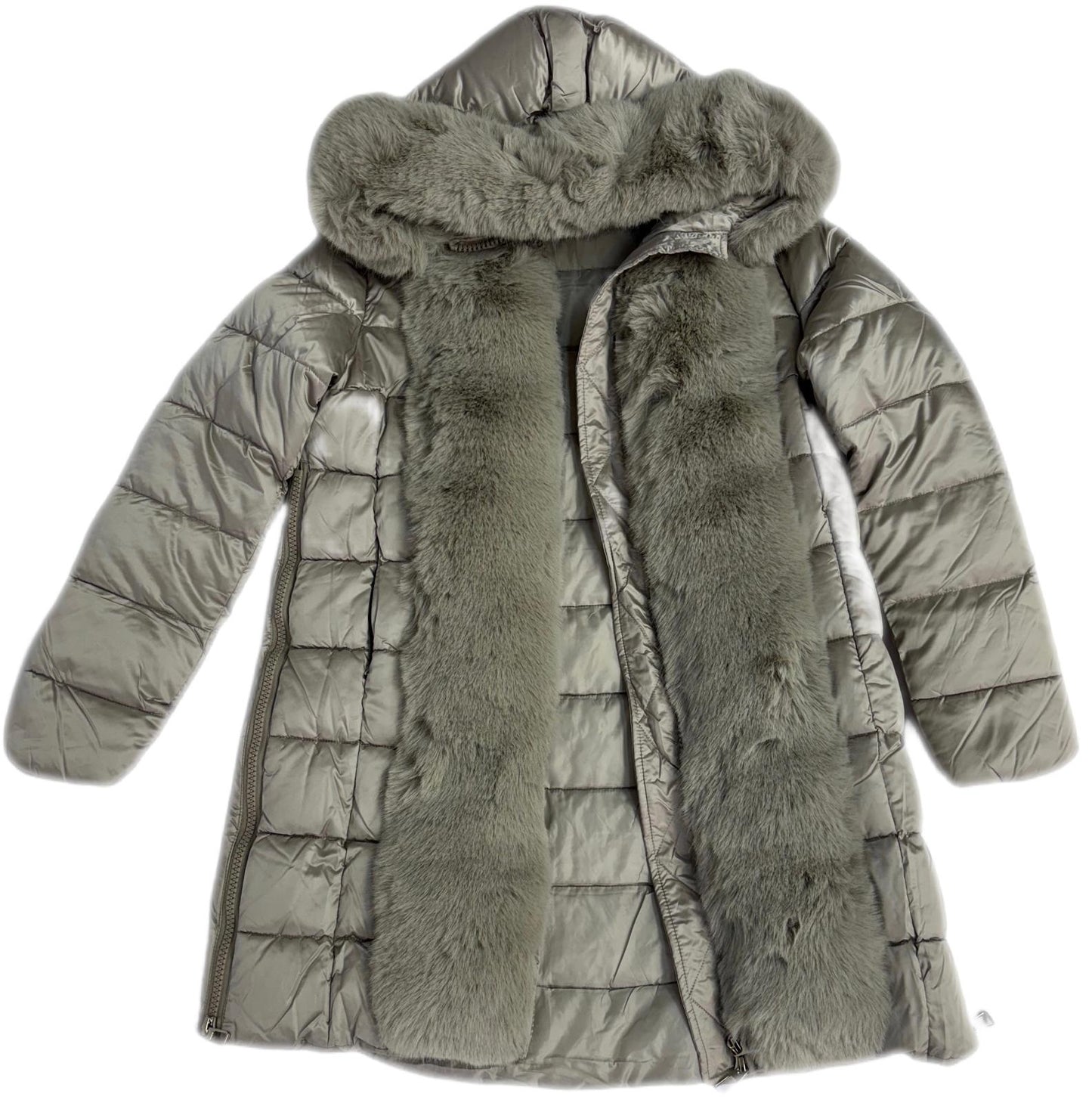 Cappotto trapuntato con pelliccia sintetica e zip