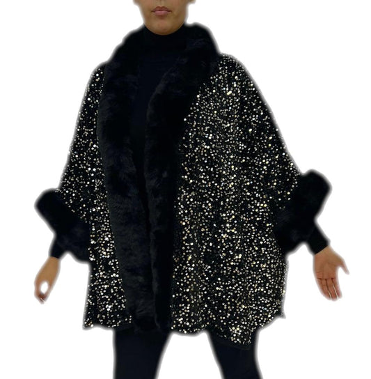 Cappotto mantoux giaccone tessuto a maglia con paillettes rifinito con pelliccia sintetica
