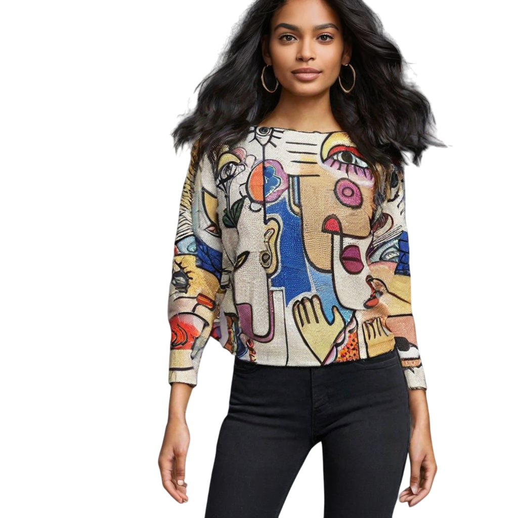 Maglione stampato in maglia con scollo a V